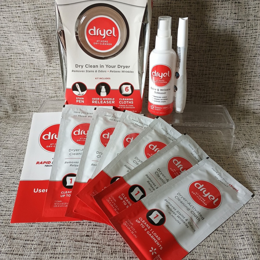 Dryel At-Home Dry Cleaner Starter Kit 6 Cloths Stain Pen Wrinkle Releaser Spray